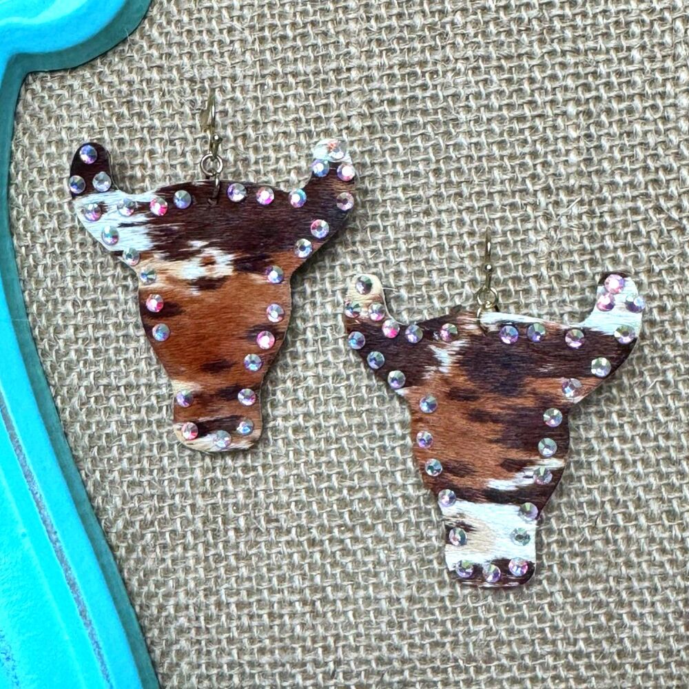 2/$20 Genuine Cowhide Leather Longhorn Rhinestone Studded Earrings